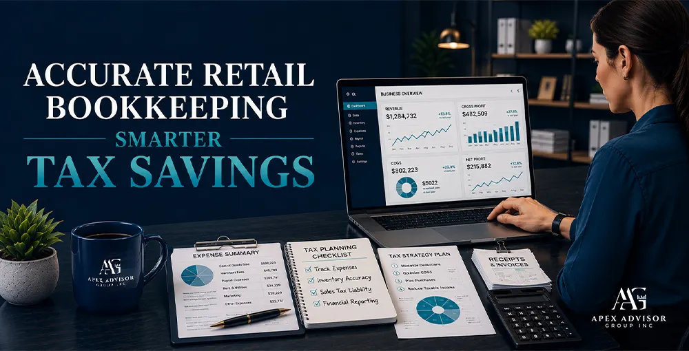 Retail bookkeeping dashboard and tax planning tools helping businesses improve accuracy and maximize tax savings.