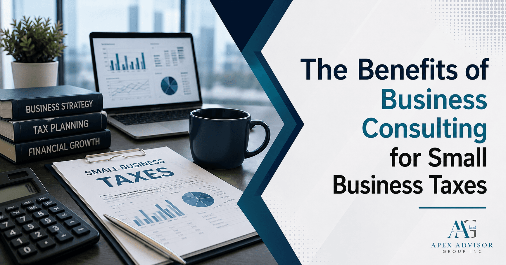 Business consulting graphic showing small business tax documents, financial reports, calculator, laptop with analytics dashboard, and tax planning resources for small businesses.