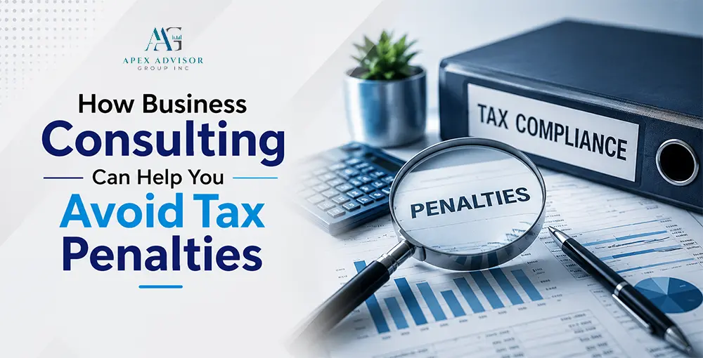 Business consulting graphic showing tax compliance documents, financial charts, calculator, and magnifying glass highlighting tax penalties.