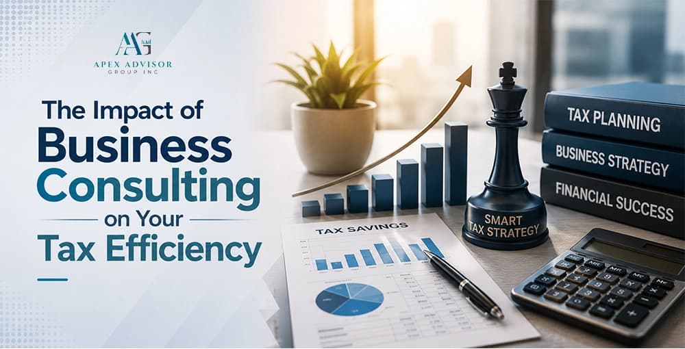 Business consulting graphic showing tax efficiency analysis, smart tax strategy, financial growth chart, calculator, and tax planning resources.
