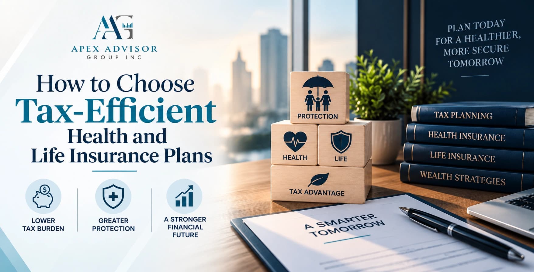 Wooden blocks and books showing protection, health, life, and tax advantage for insurance planning.