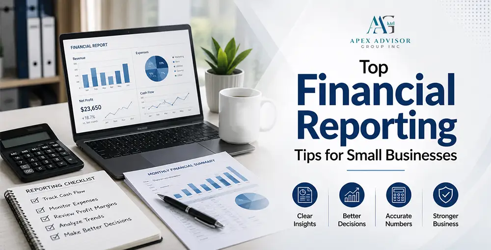 Financial reporting dashboard showing revenue, cash flow, expenses, and business performance metrics for small businesses