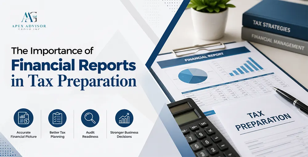 Financial reports, tax preparation documents, and business analytics illustrating the importance of accurate financial reporting for tax planning.