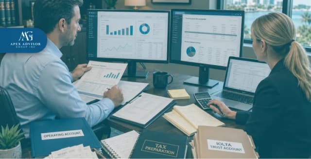 Legal accounting team using bookkeeping software for law firm tax preparation and financial reporting
