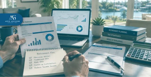 Financial advisor reviewing retirement planning, tax strategies, and investment contribution reports