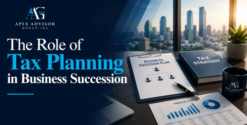 Business succession planning documents, tax strategy guide, and financial reports on an executive office desk.