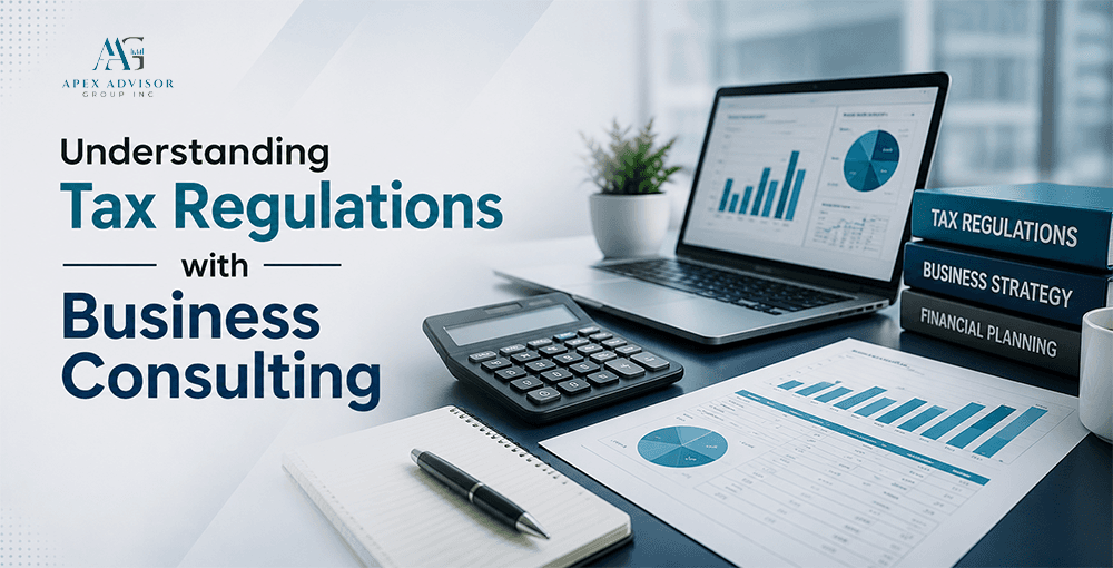 Business consulting workspace showing tax regulation analysis, financial charts, calculator, and strategic planning reports.