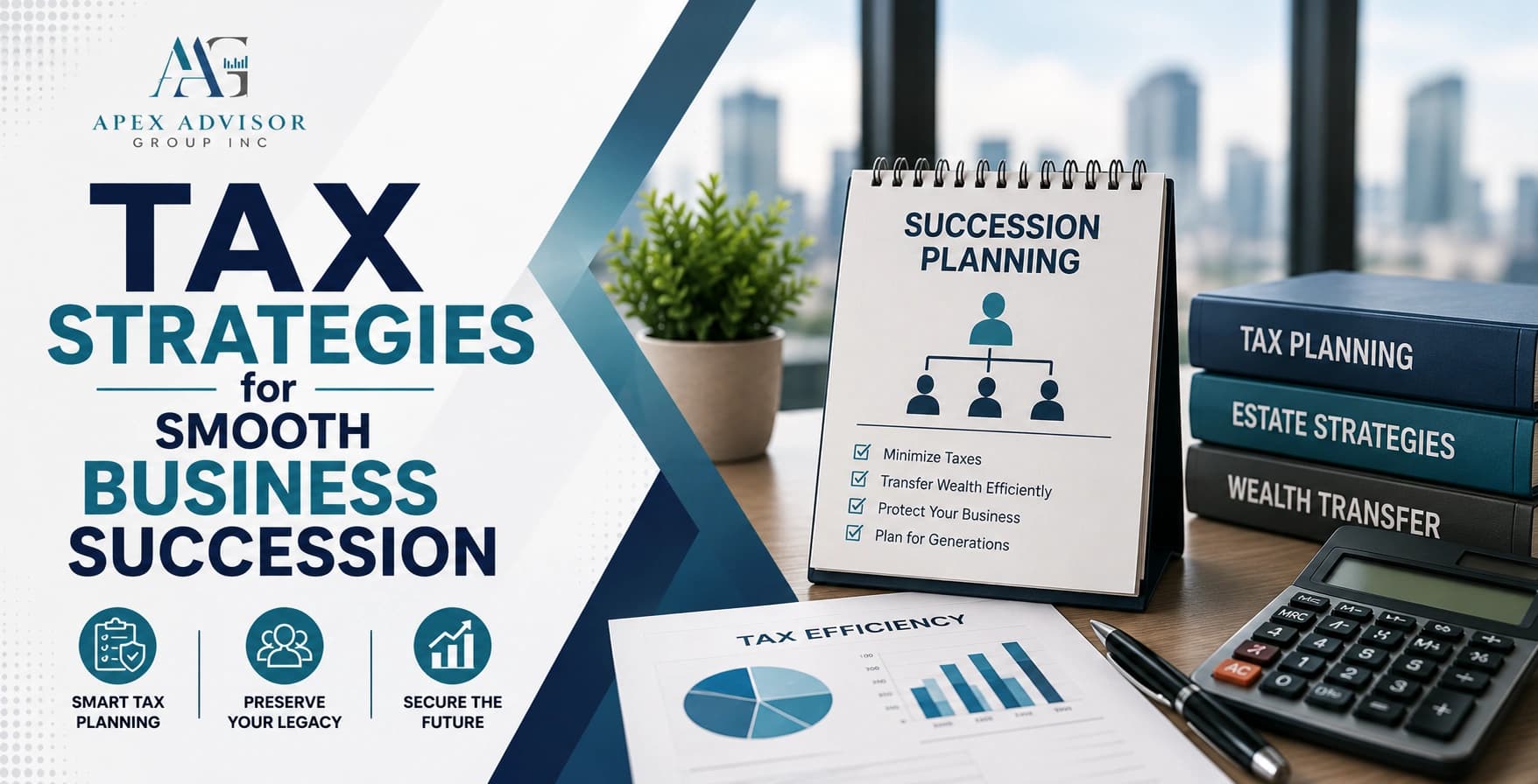 Succession planning calendar checklist on office desk with tax efficiency charts, books, and calculator