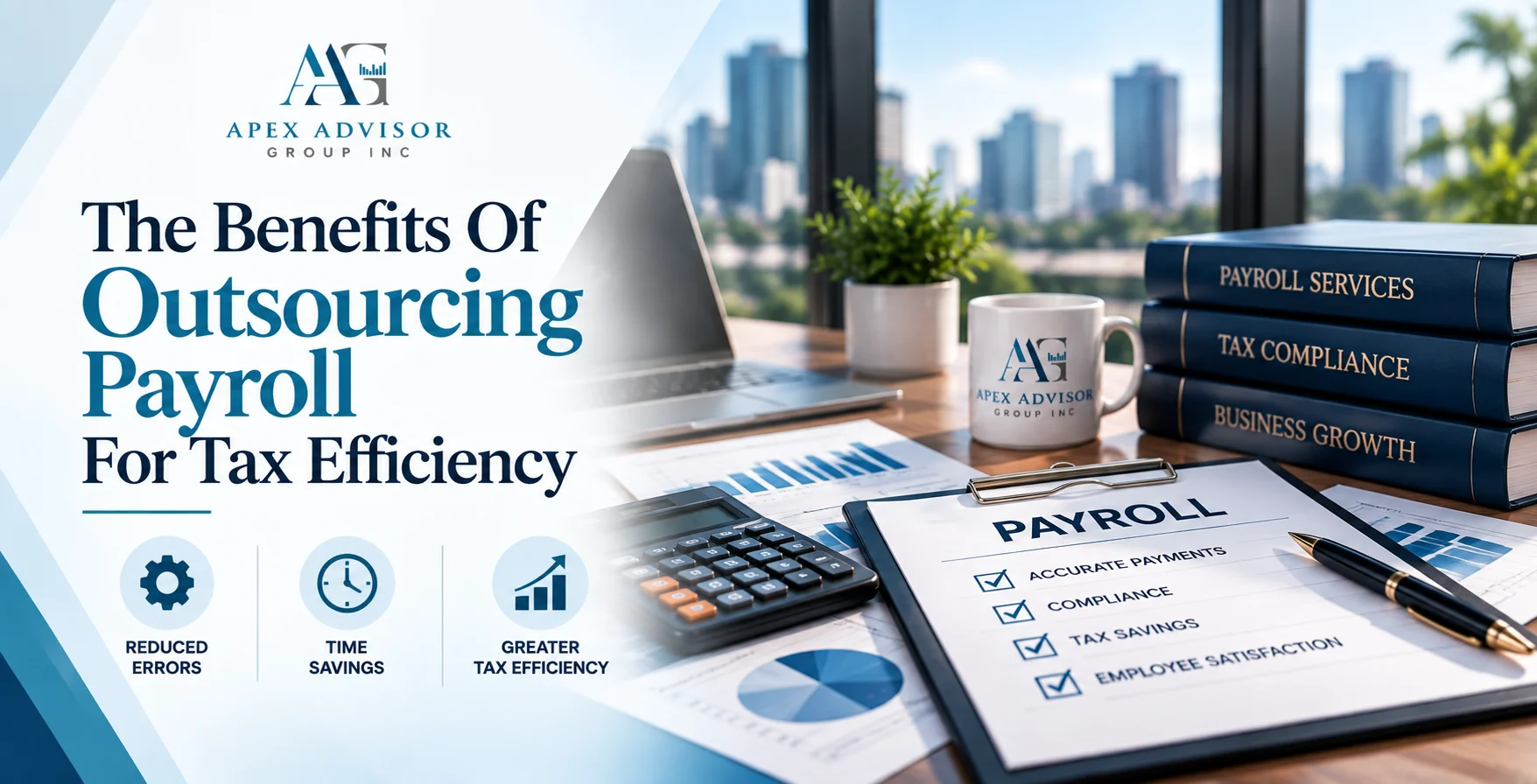 Payroll checklist, calculator, and books on payroll services, tax compliance, and business growth from Apex Advisor Group Inc.